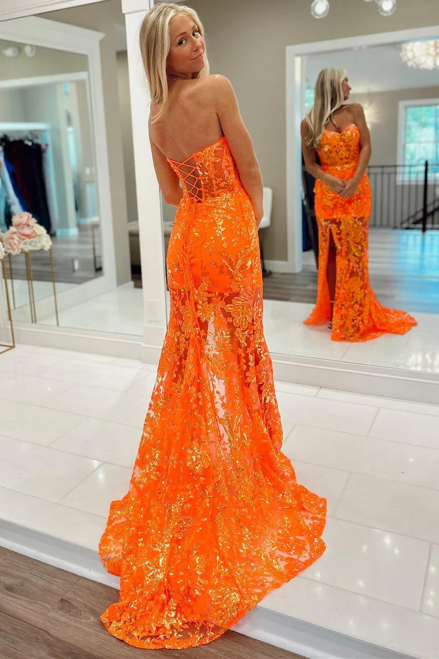 Off-the-Shoulder Sequin Applique Mermaid Long Dress with Slit