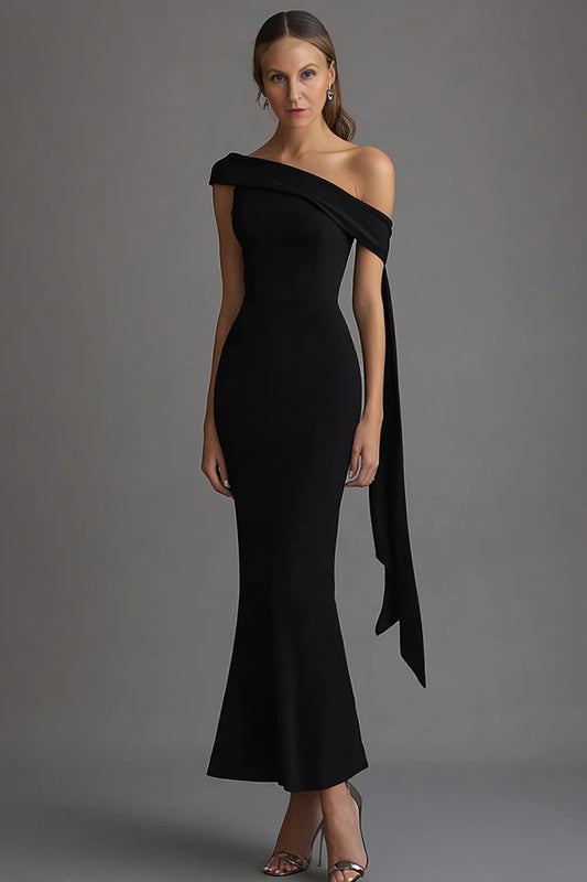 Off The Shoulder Black Mermaid Long Formal Dress WIth Streamer