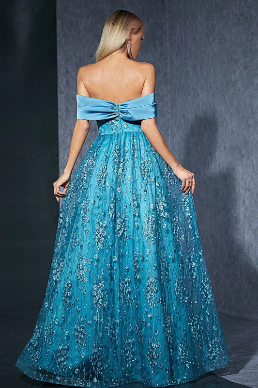 Off The Shoulder Blue A line Long Mother Of The Bride Dress With Appliques