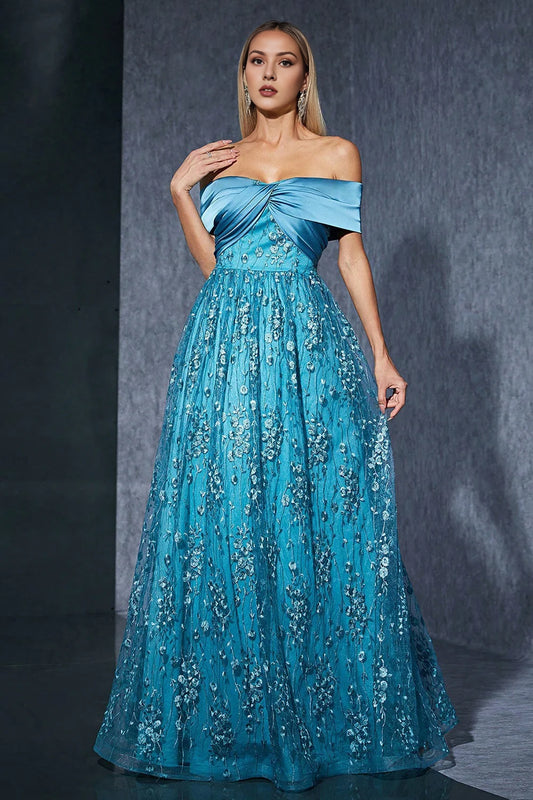 Off The Shoulder Blue A line Long Mother Of The Bride Dress With Appliques