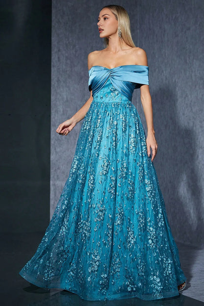 Off The Shoulder Blue A line Long Mother Of The Bride Dress With Appliques