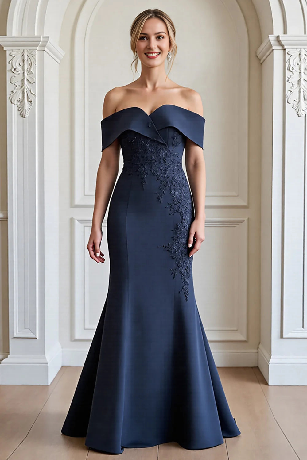 Off The Shoulder Navy Mermaid Mother Of The Bride Dress With Appliques