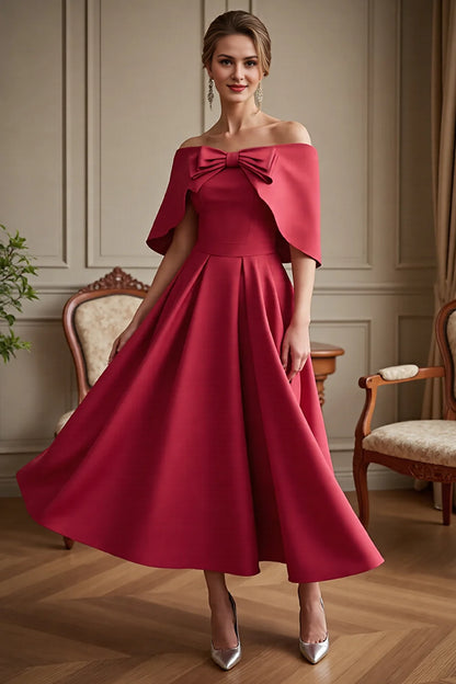 Off The Shoulder Red A Line Mother Of The Bride Dress With Bow
