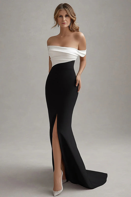 Off The Shoulder Ruched Mermaid Long Black Tie Dress With Slit