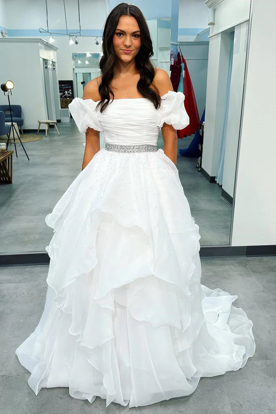 Off shoulder bubble sleeve multi-layer long ball dress