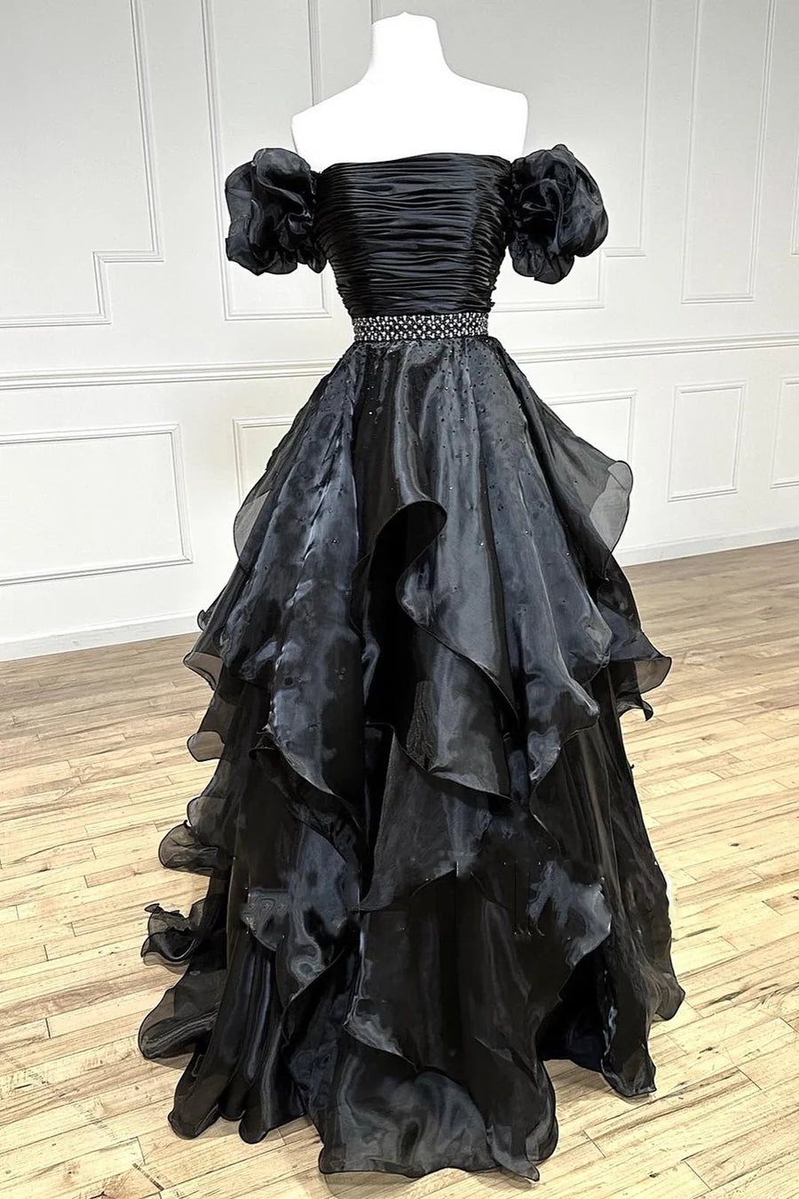 Off shoulder bubble sleeve multi-layer long ball dress