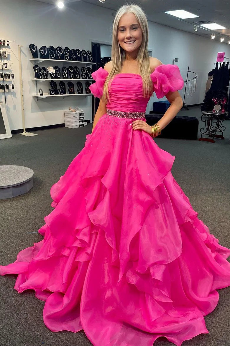Off shoulder bubble sleeve multi-layer long ball dress