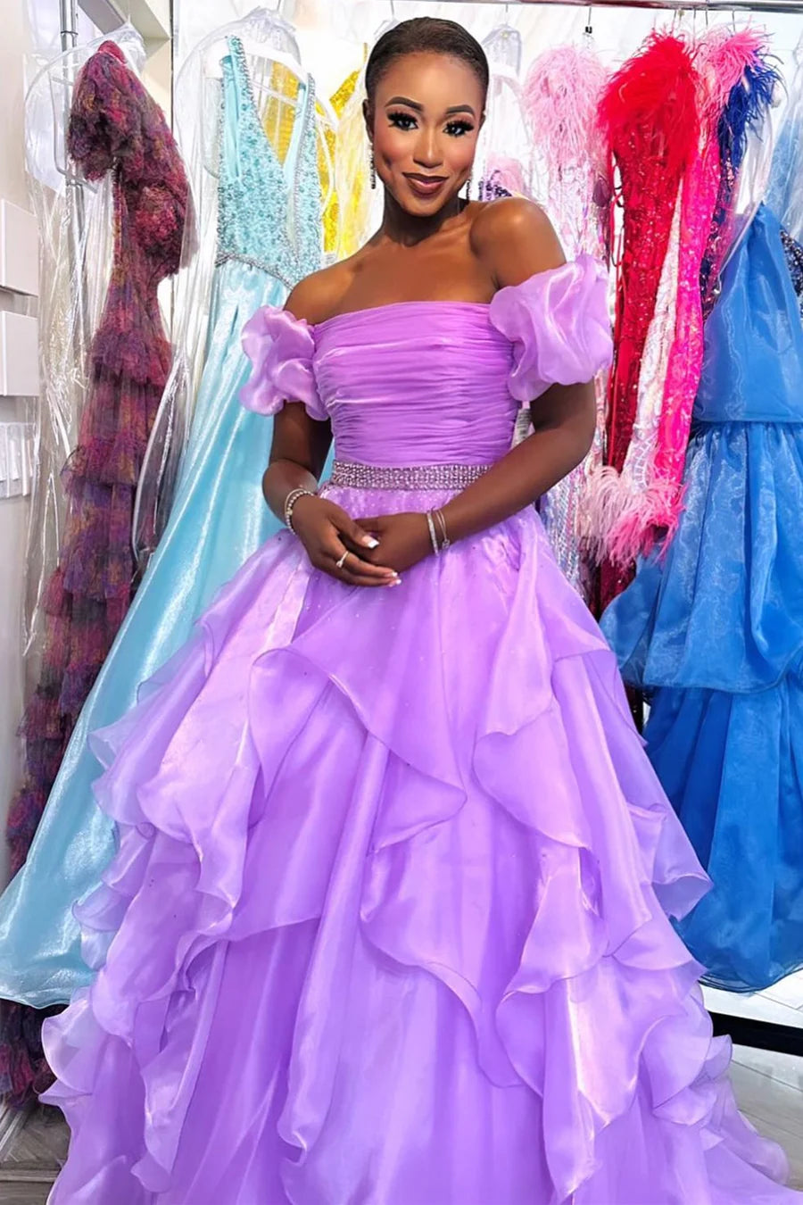 Off shoulder bubble sleeve multi-layer long ball dress