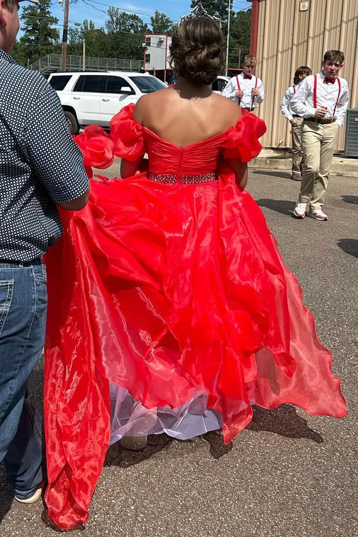 Off shoulder bubble sleeve multi-layer long ball dress