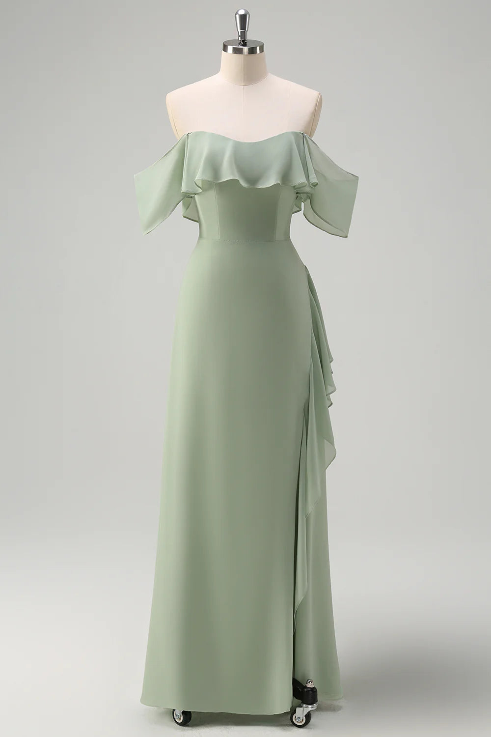 Off shoulder chiffon long bridesmaid dress with ruffles
