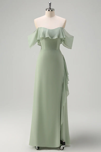 Off shoulder chiffon long bridesmaid dress with ruffles
