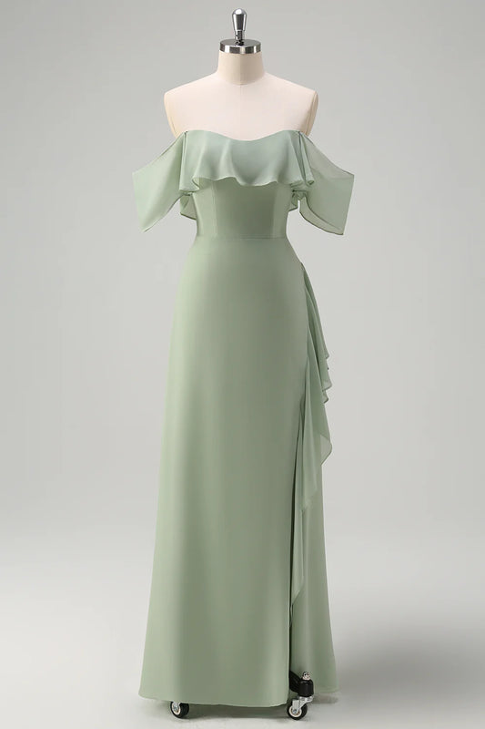 Off shoulder chiffon long bridesmaid dress with ruffles