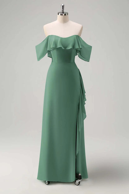 Off shoulder chiffon long bridesmaid dress with ruffles