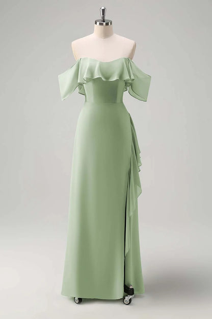 Off shoulder chiffon long bridesmaid dress with ruffles