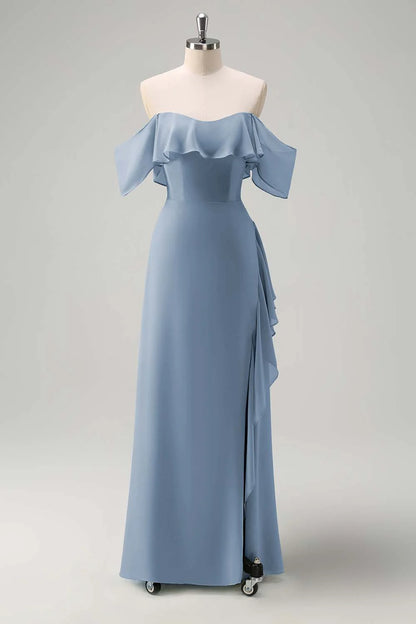 Off shoulder chiffon long bridesmaid dress with ruffles