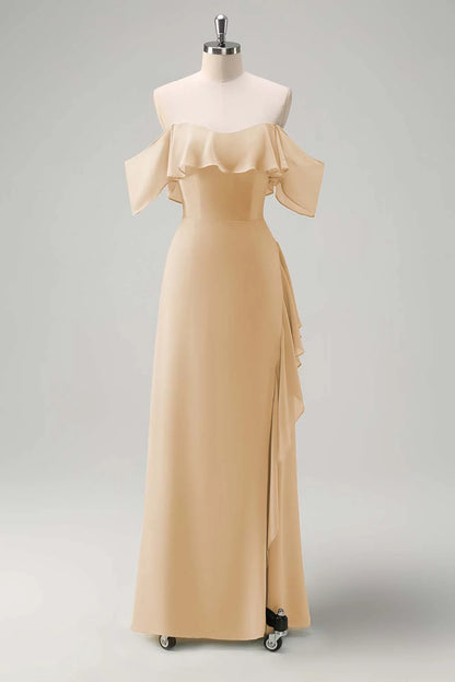 Off shoulder chiffon long bridesmaid dress with ruffles