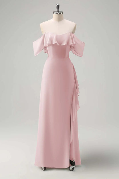 Off shoulder chiffon long bridesmaid dress with ruffles