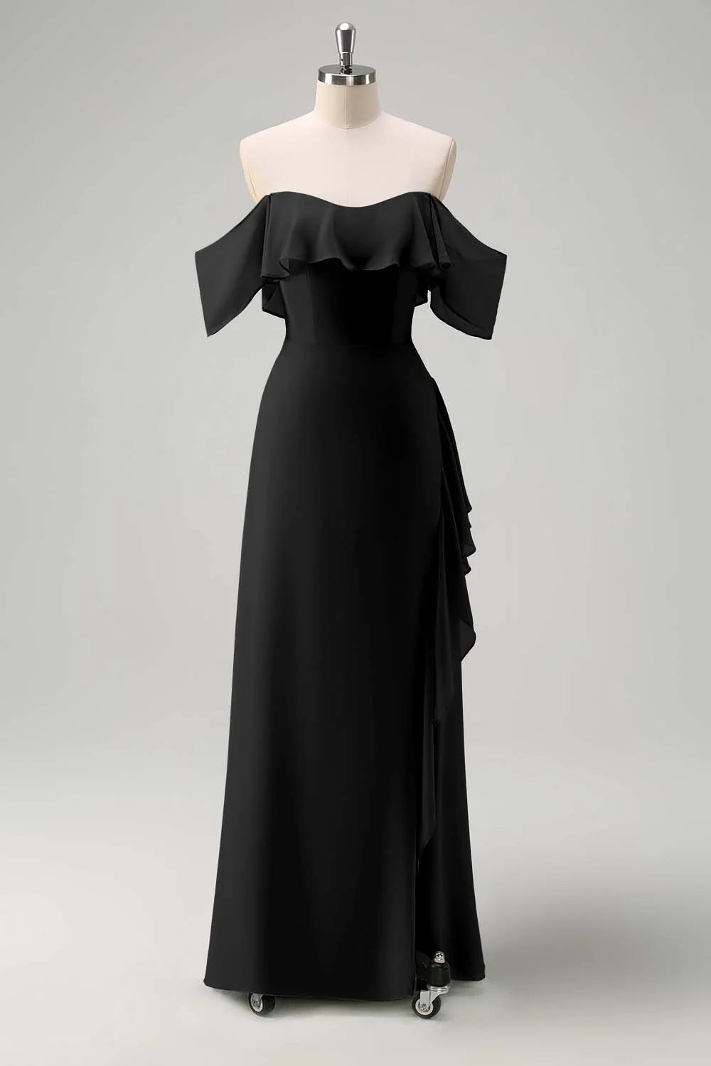 Off shoulder chiffon long bridesmaid dress with ruffles