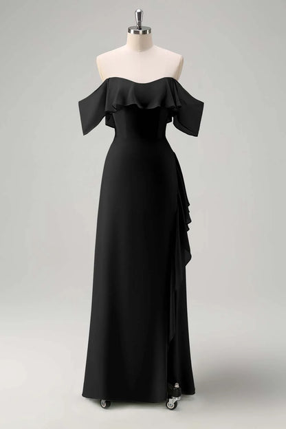 Off shoulder chiffon long bridesmaid dress with ruffles