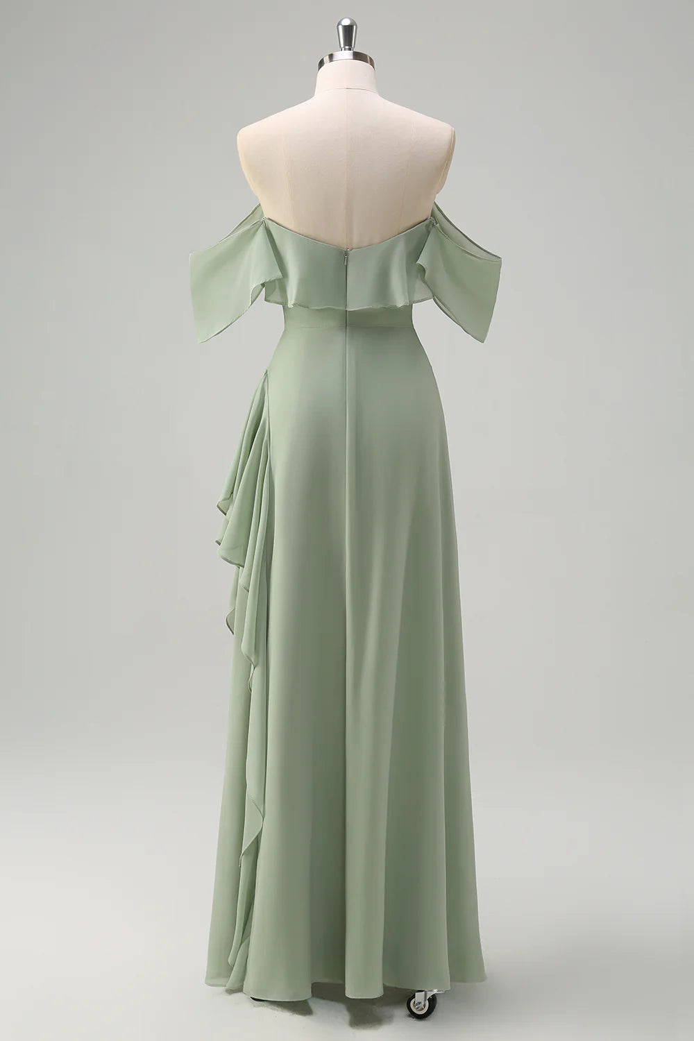 Off shoulder chiffon long bridesmaid dress with ruffles