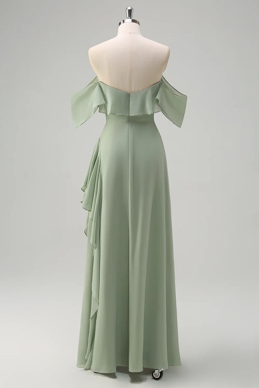Off shoulder chiffon long bridesmaid dress with ruffles