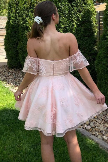 Off the Shoulder Pink Lace Short Party Dress