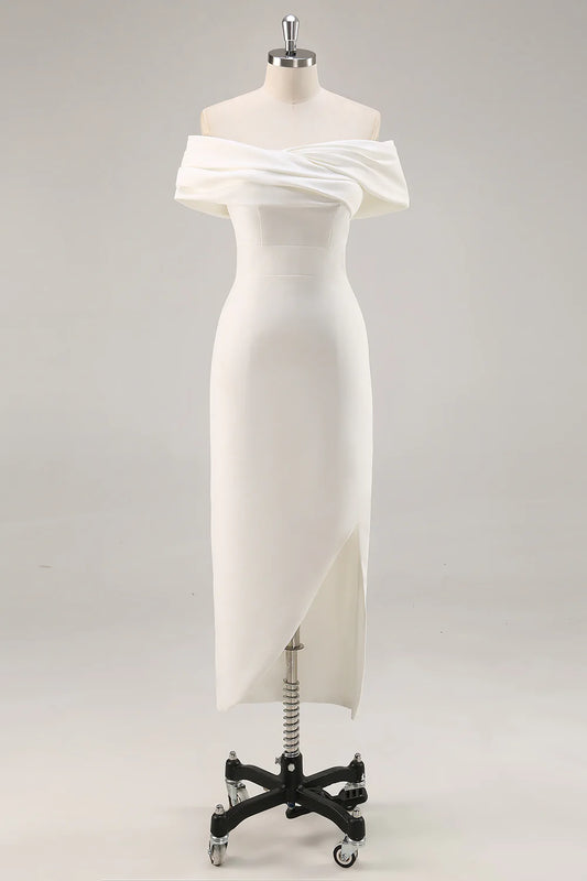 Off the Shoulder Sheath Satin White Graduation Dress With Slit