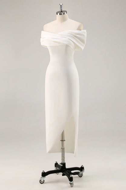 Off the Shoulder Sheath Satin White Graduation Dress With Slit