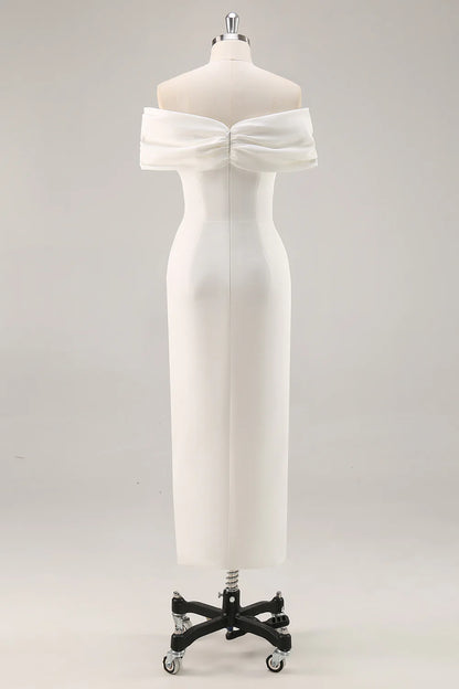 Off the Shoulder Sheath Satin White Graduation Dress With Slit
