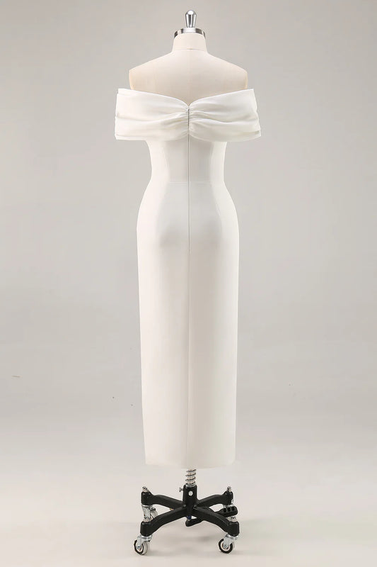 Off the Shoulder Sheath Satin White Graduation Dress With Slit