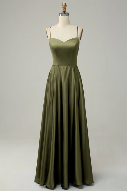 A-line thin suspender backless strap satin bridesmaid dress