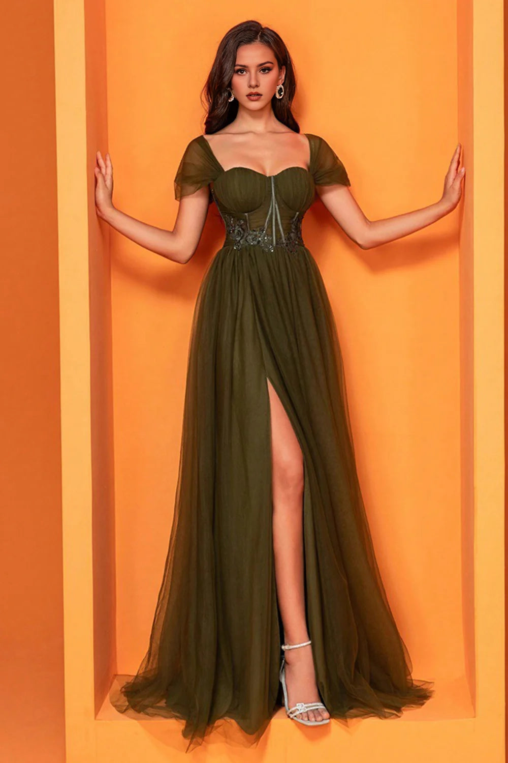 Olive Corset Appliques Beaded A Line Long Mother Of The Bride Dress With Slit