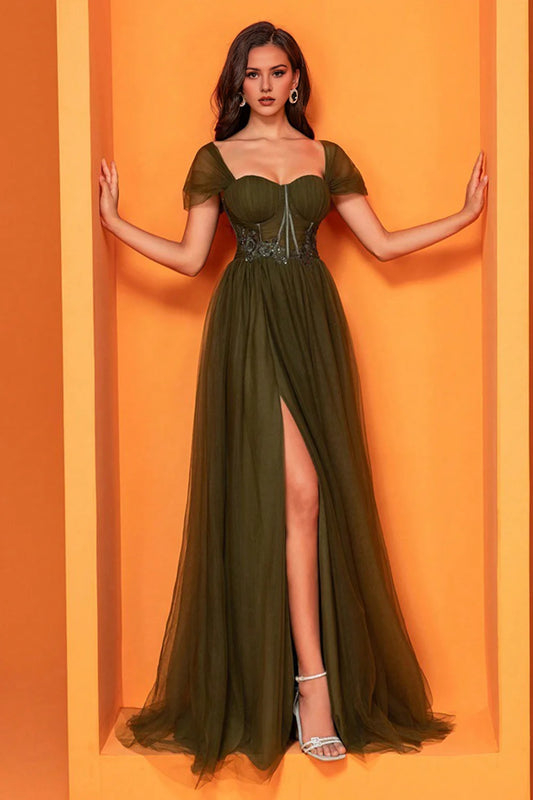 Olive Corset Appliques Beaded A Line Long Mother Of The Bride Dress With Slit