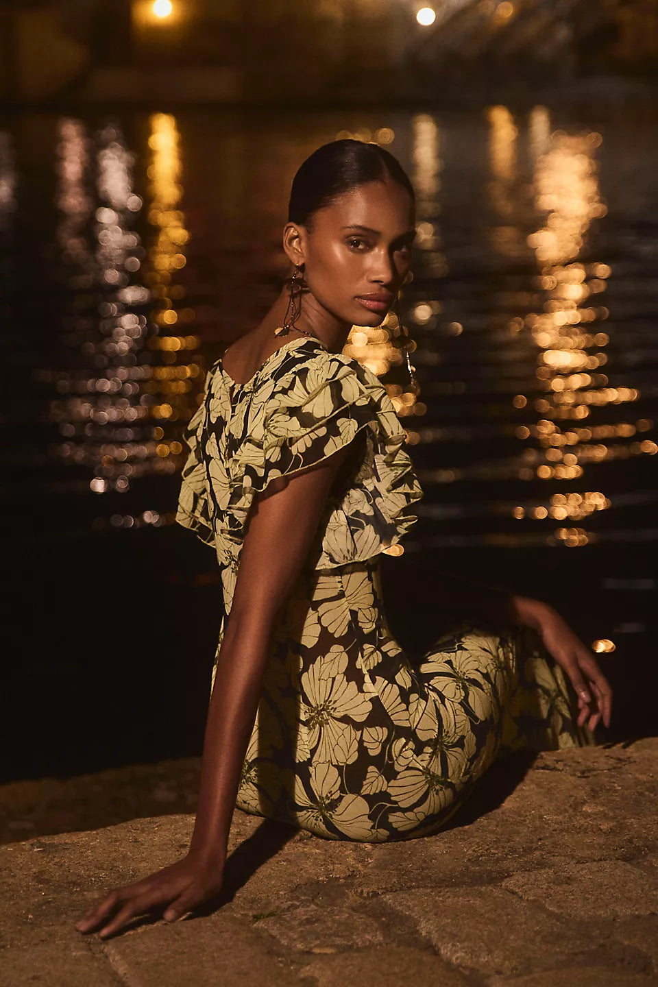Olive Floral Ruffle Sleeve Maxi Evening Dresses with Keyhole Back