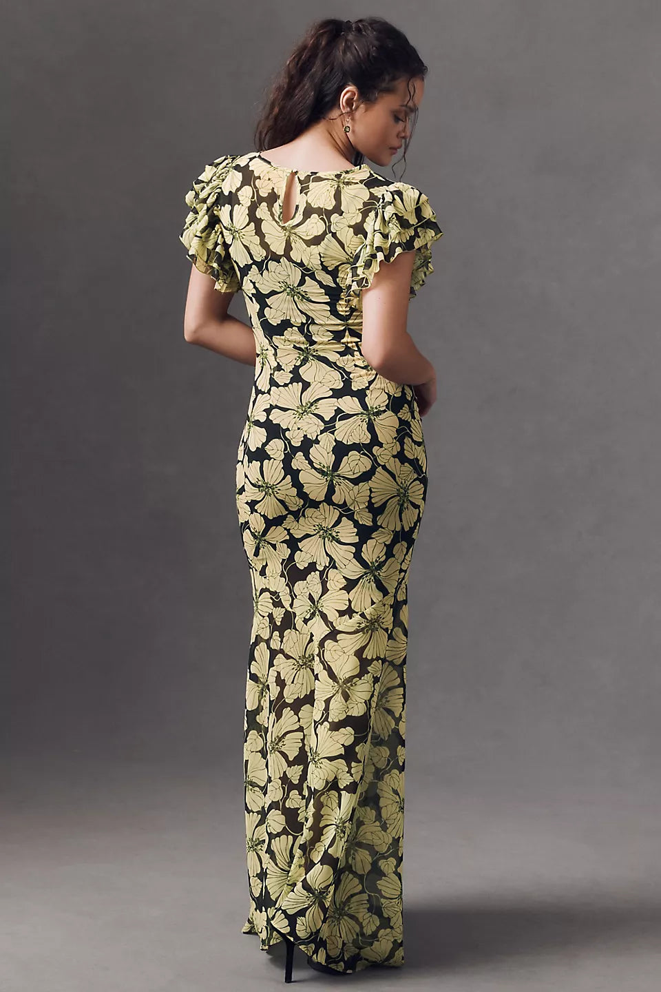 Olive Floral Ruffle Sleeve Maxi Evening Dresses with Keyhole Back