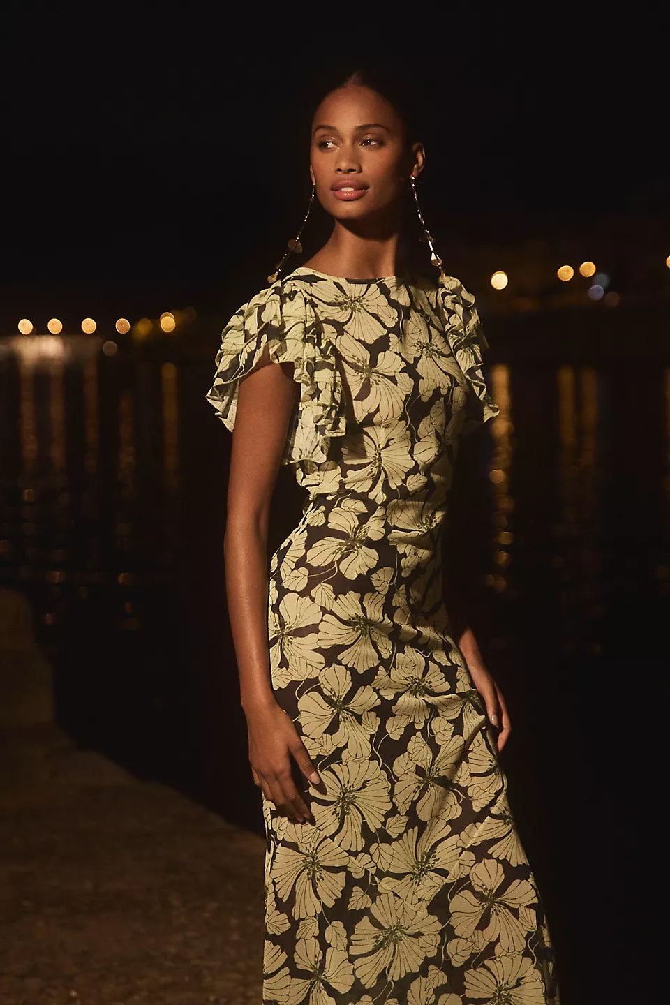 Olive Floral Ruffle Sleeve Maxi Evening Dresses with Keyhole Back