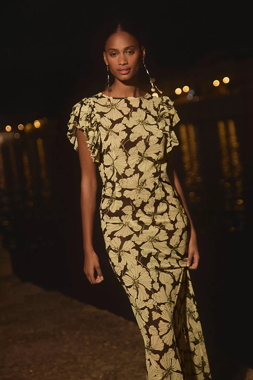 Olive Floral Ruffle Sleeve Maxi Evening Dresses with Keyhole Back