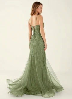 Olive Green Beaded Mermaid Spaghetti Strap Evening Dresses