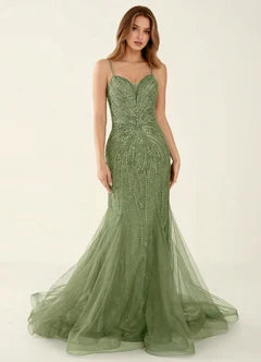 Olive Green Beaded Mermaid Spaghetti Strap Evening Dresses
