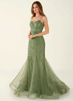 Olive Green Beaded Mermaid Spaghetti Strap Evening Dresses