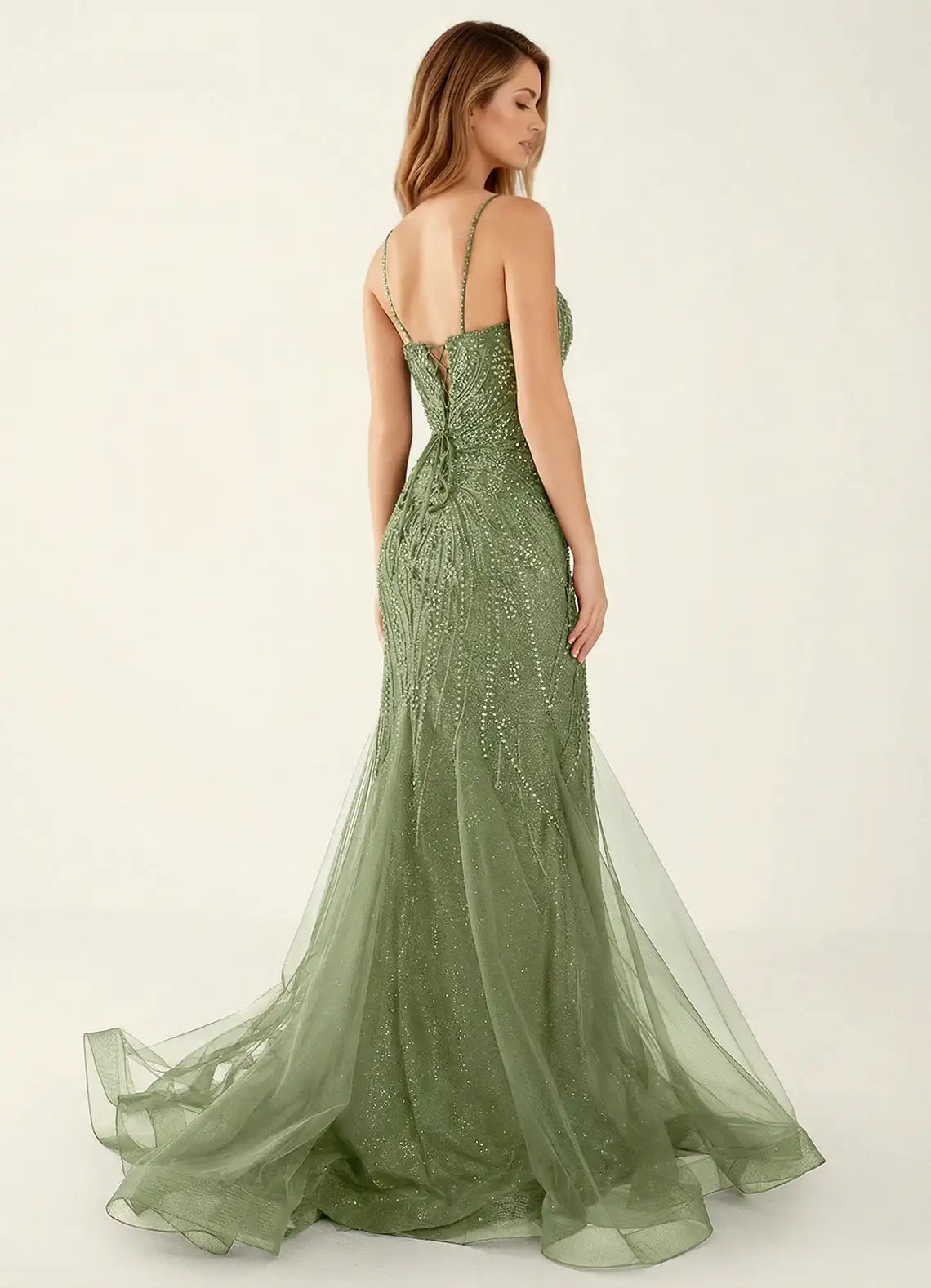 Olive Green Beaded Tulle Mermaid Maxi Evening Dresses