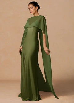 Olive Green Chiffon Cape Overlay Open Back Mermaid Maxi Evening Dresses