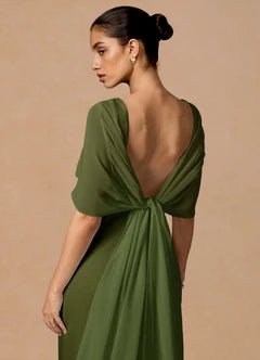 Olive Green Chiffon Cape Overlay Open Back Mermaid Maxi Evening Dresses
