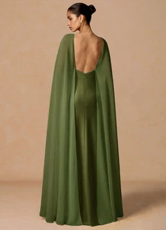 Olive Green Chiffon Cape Overlay Open Back Mermaid Maxi Evening Dresses