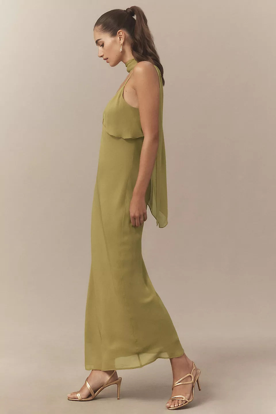 Olive Green Chiffon Spaghetti Strap Scarf Neck Back Tie Maxi Evening Dresses