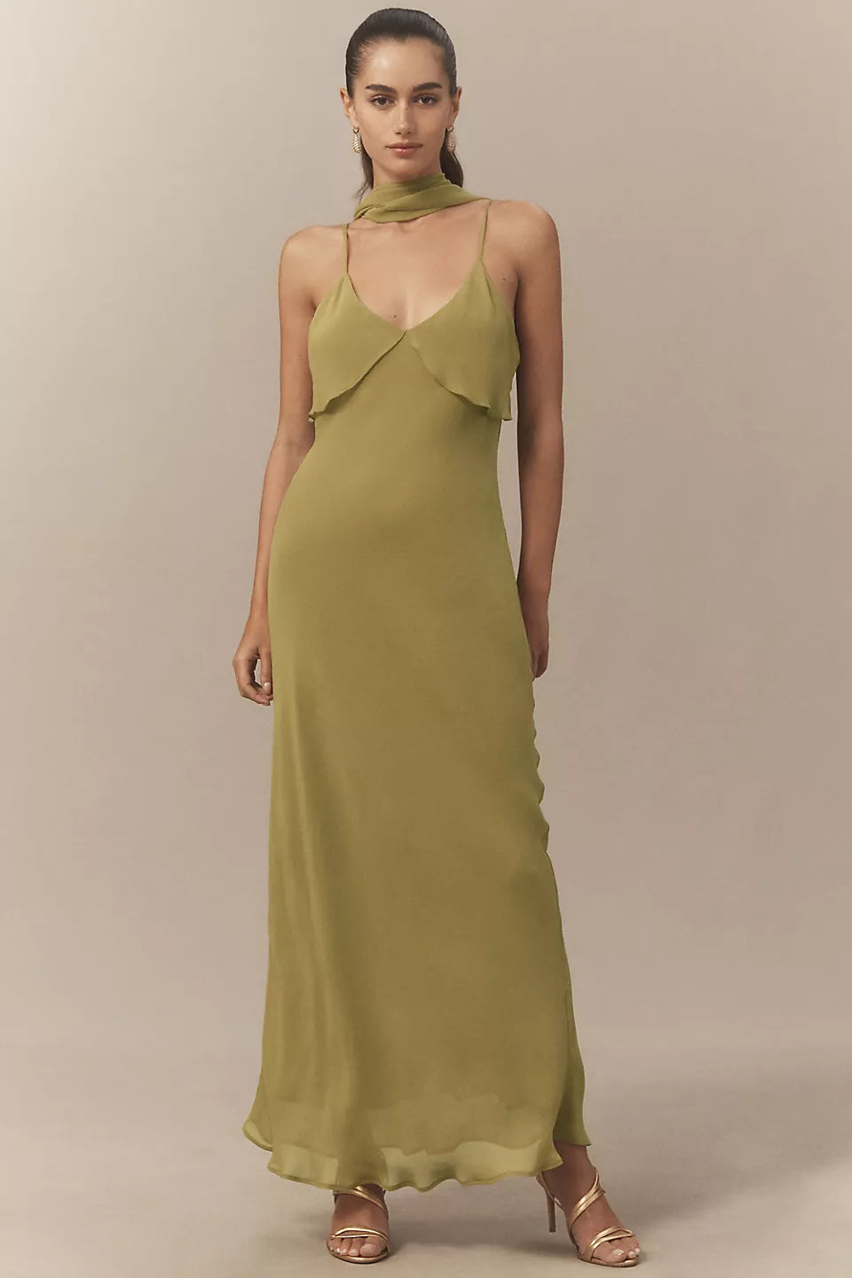 Olive Green Chiffon Spaghetti Strap Scarf Neck Back Tie Maxi Evening Dresses