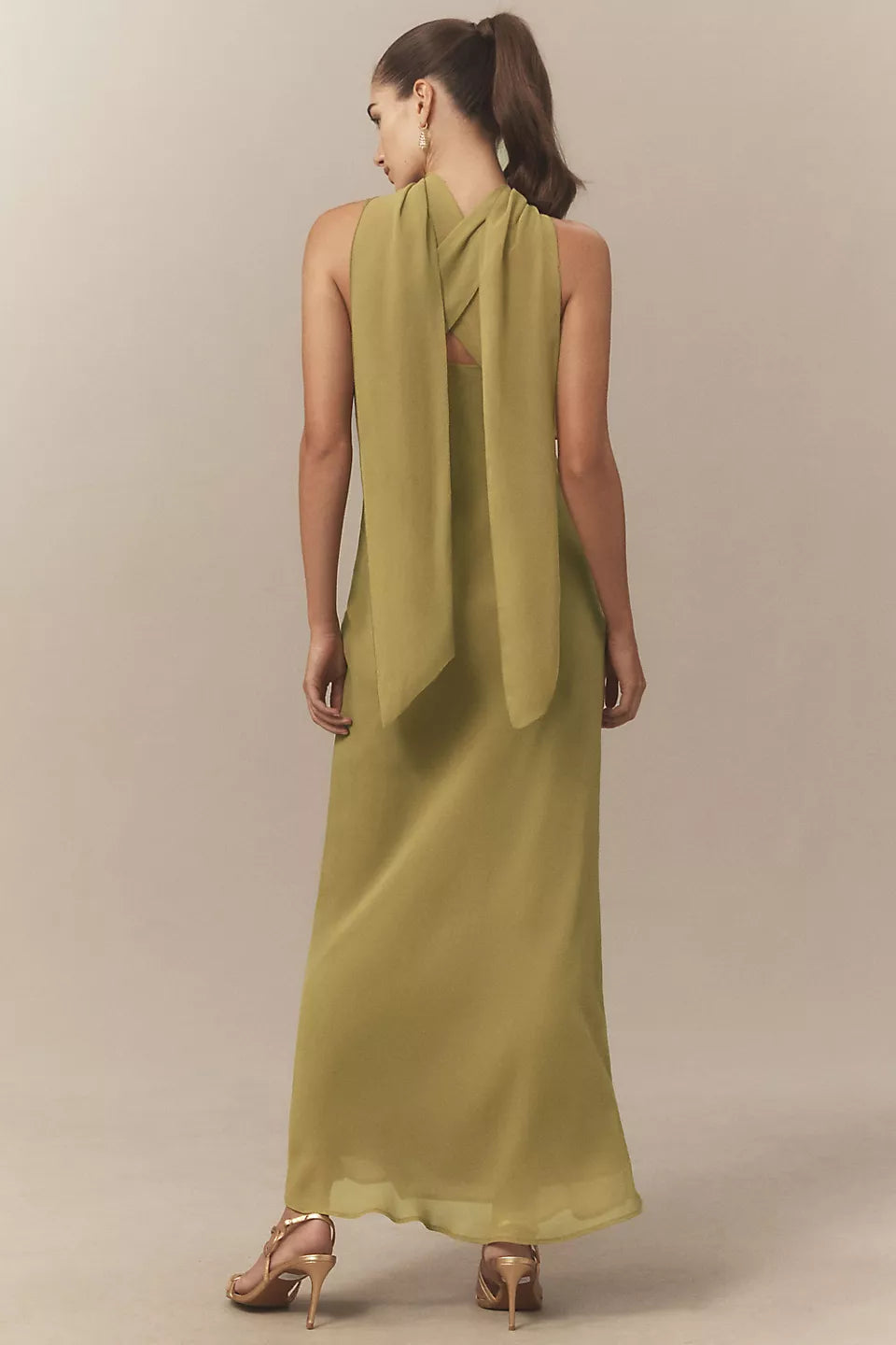 Olive Green Chiffon Spaghetti Strap Scarf Neck Back Tie Maxi Evening Dresses