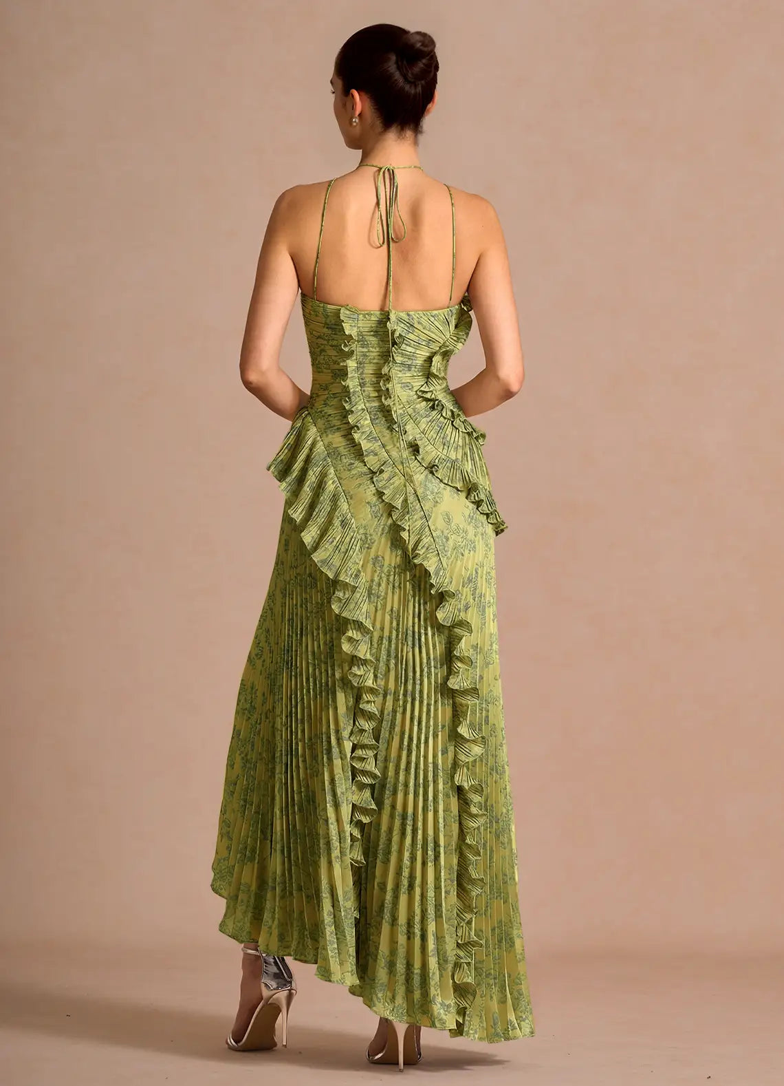 Olive Green Floral Print Halter Neck Ruffle Pleated A-Line Maxi Evening Dresses