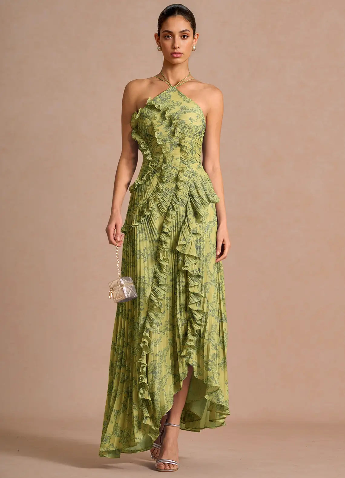 Olive Green Floral Print Halter Neck Ruffle Pleated A-Line Maxi Evening Dresses