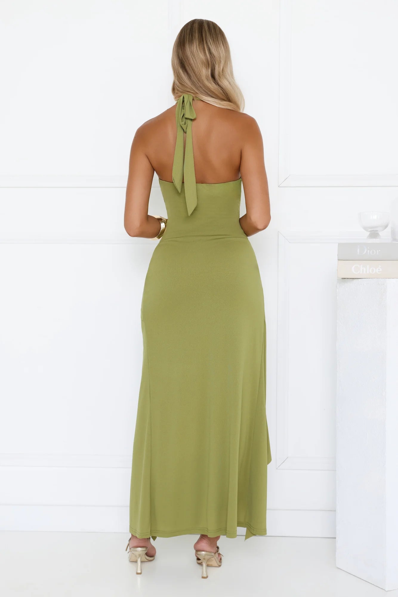 Olive Green Halter Knot Detail Ruffled Slit Maxi Evening Dresses